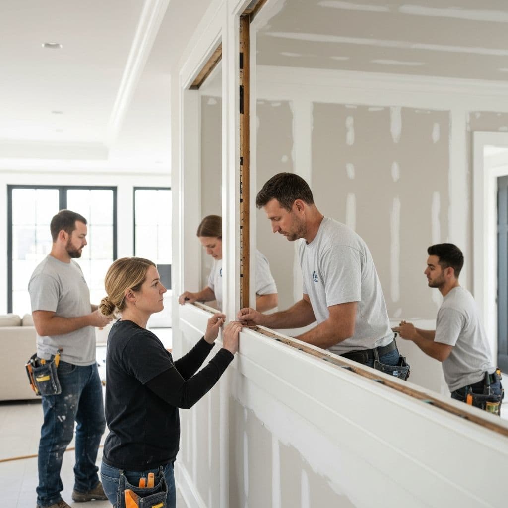 Interior finishing crew installing trim and detail work