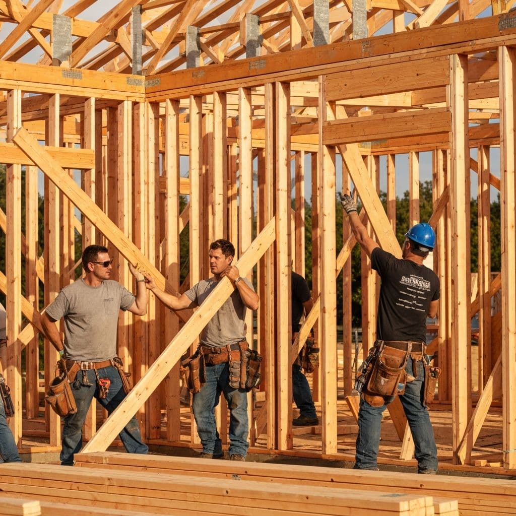 Framing crew building wood frame structure of a house
