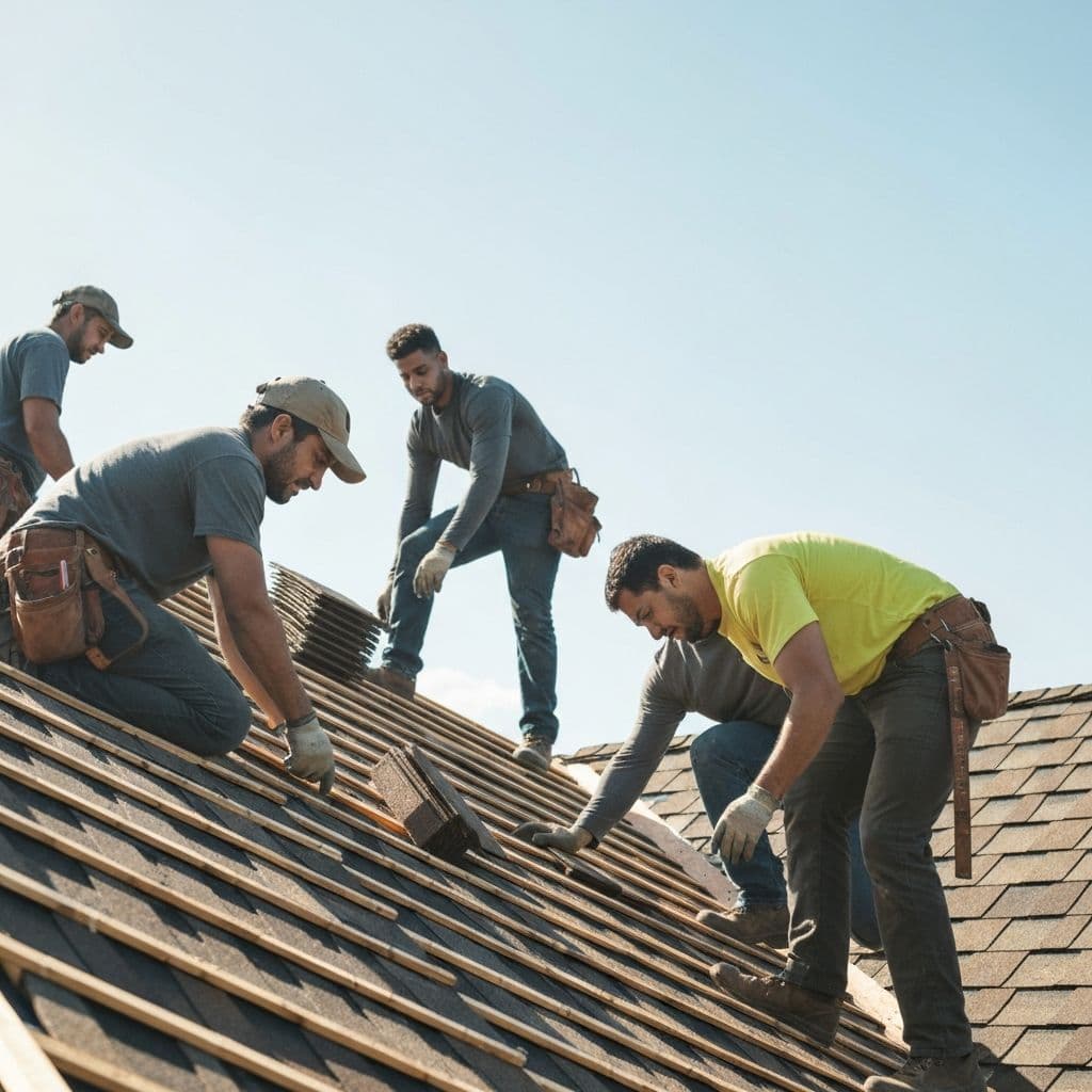 Roofing crew working on a residential project
